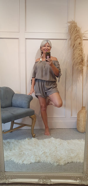 Linen Bardot Top & Shorts Playsuit - Taupe