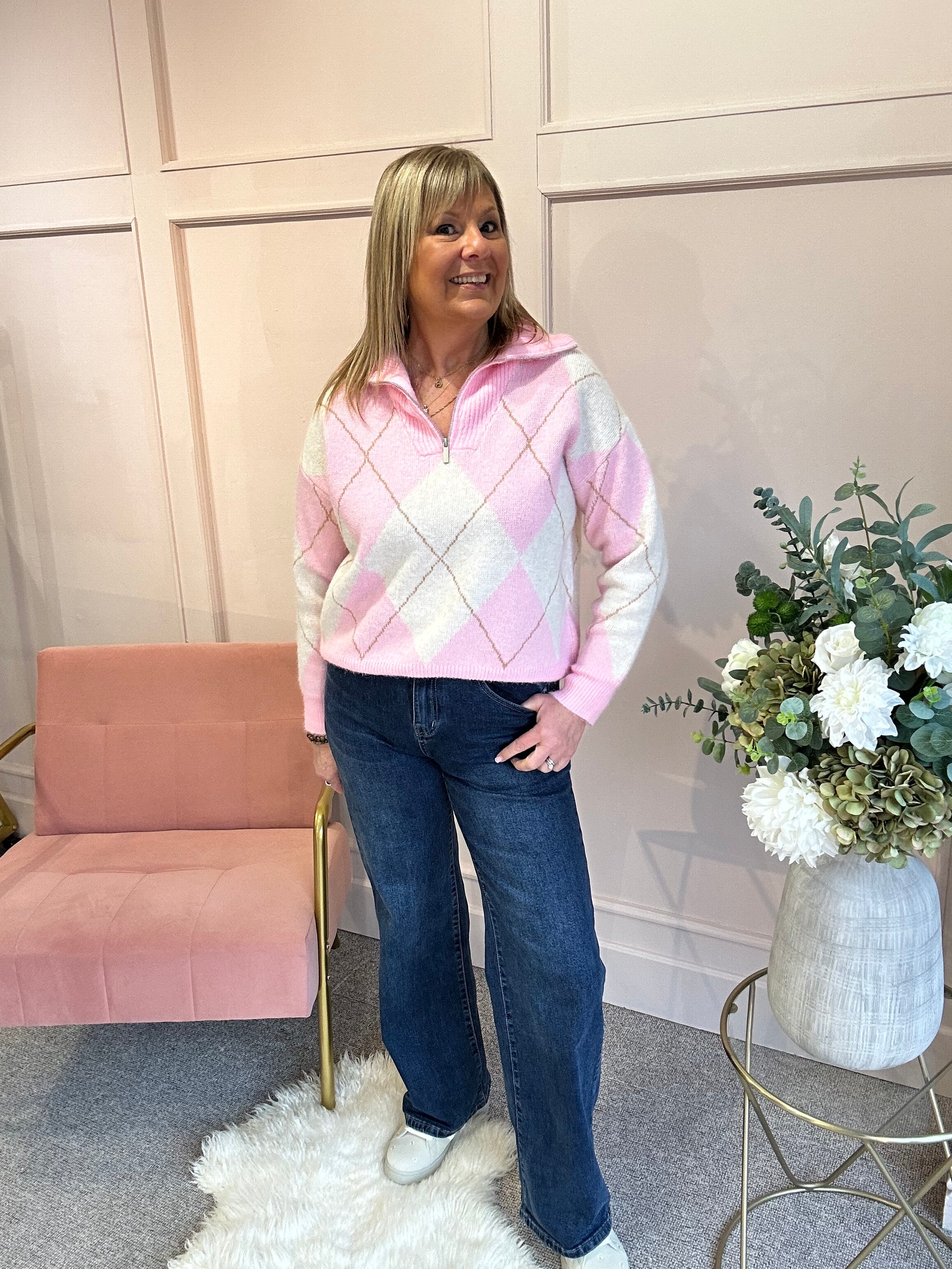 Diamond Pattern Zip Jumper - Candy Pink/Cream