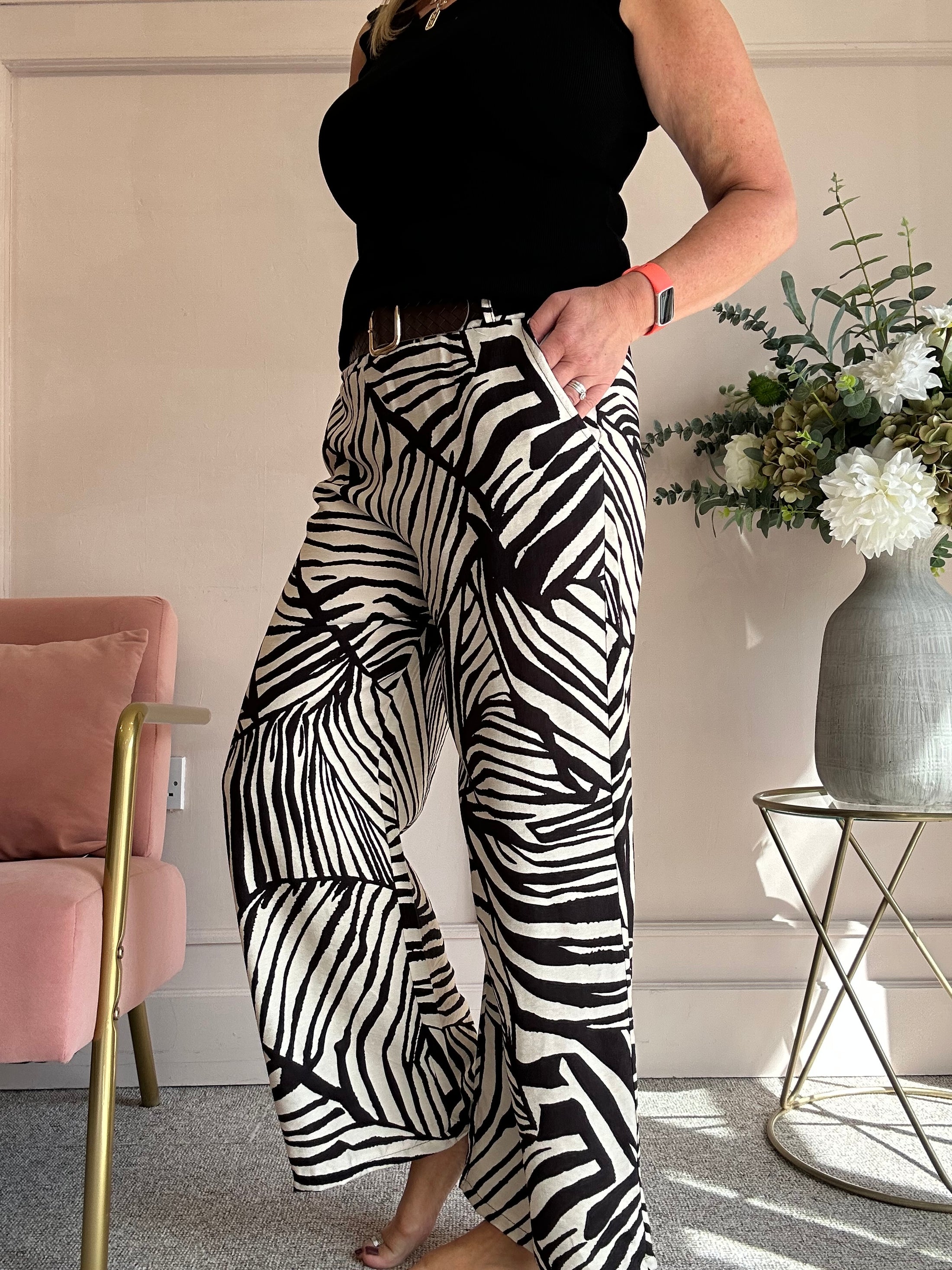 Belted Zebra Wide Pant - Black/Cream