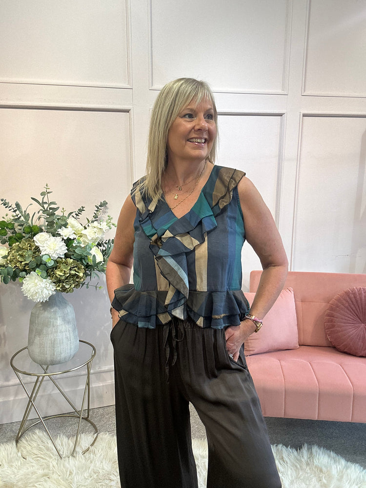 Bold Stripe Frill Edge Top - Blue/Brown - Wardrobe By Simone