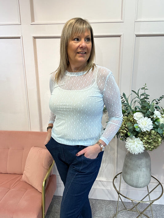 Delicate Floral Mesh Top - Soft Blue - Wardrobe By Simone