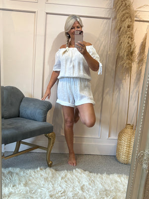 Linen Bardot Top & Shorts Playsuit - White
