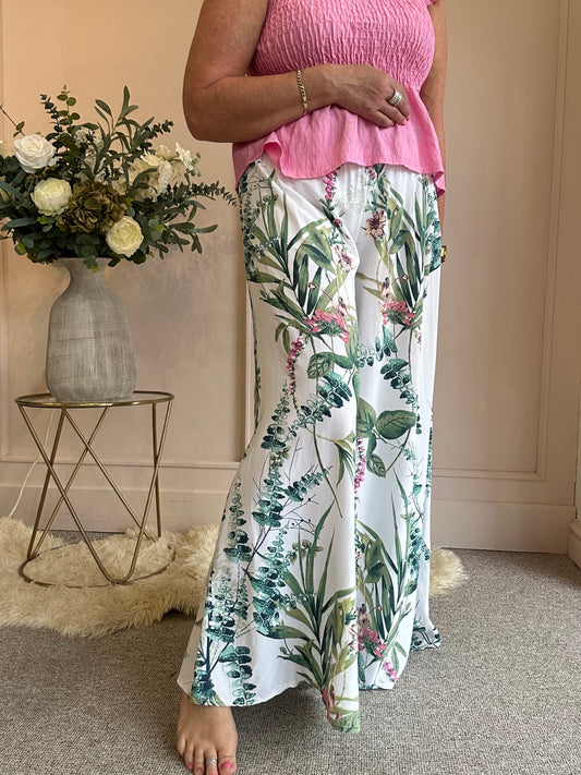 Botanical Palazzo Pant - White/Green - Wardrobe By Simone