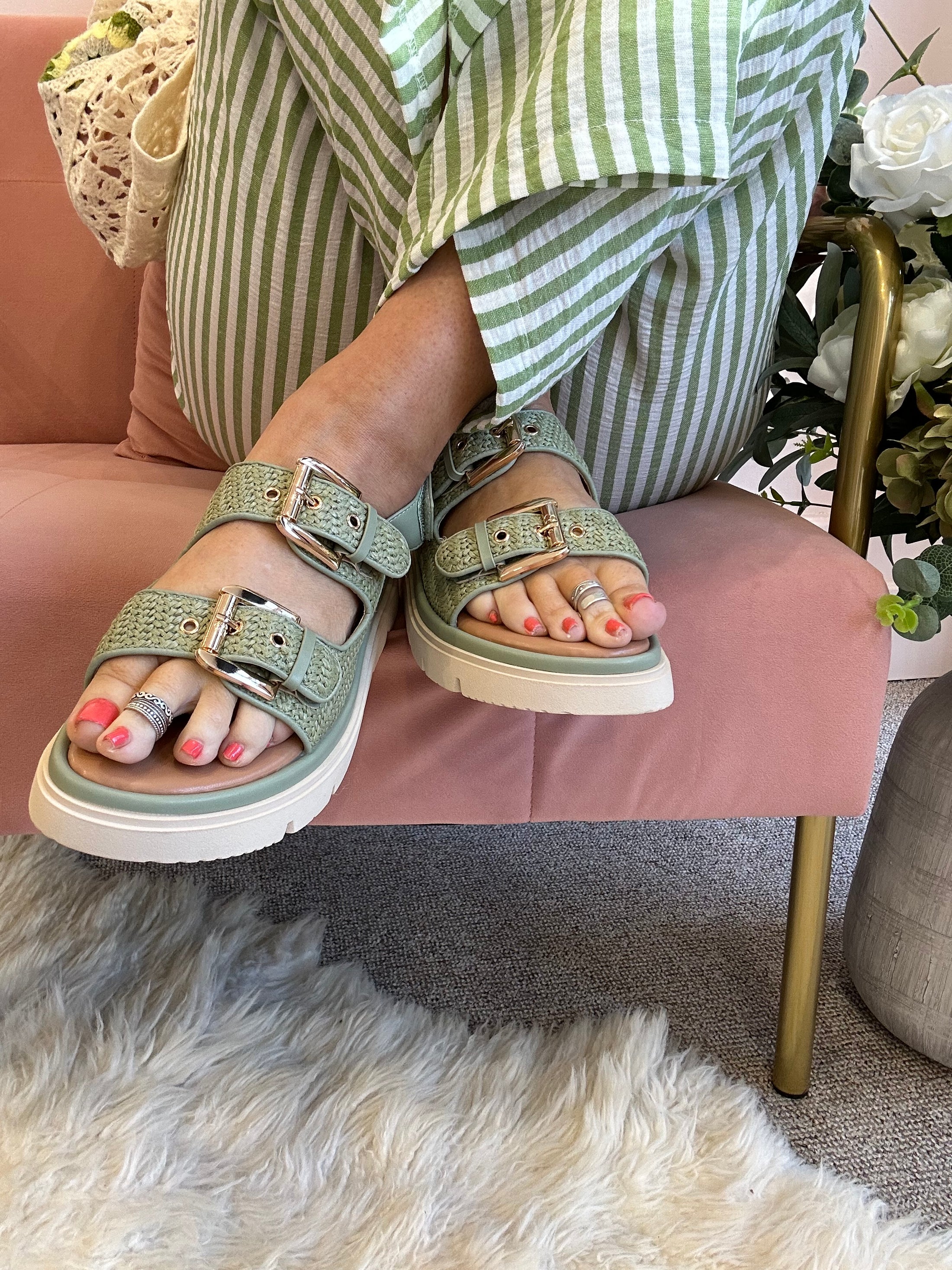 Slone Buckle & Weave Sandal - Olive