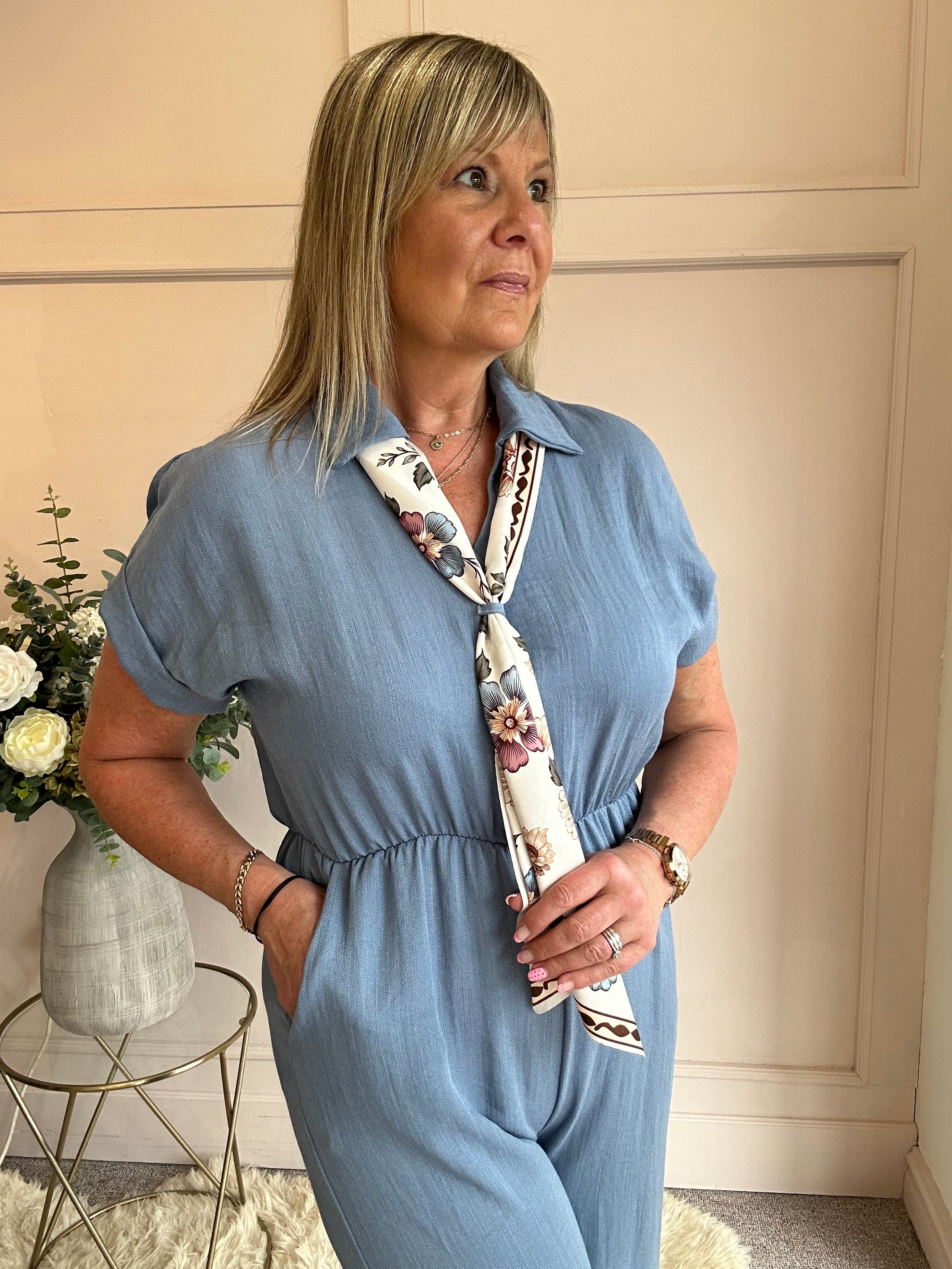 Collared With A Tie  Jumpsuit - Denim Blue - Wardrobe By Simone