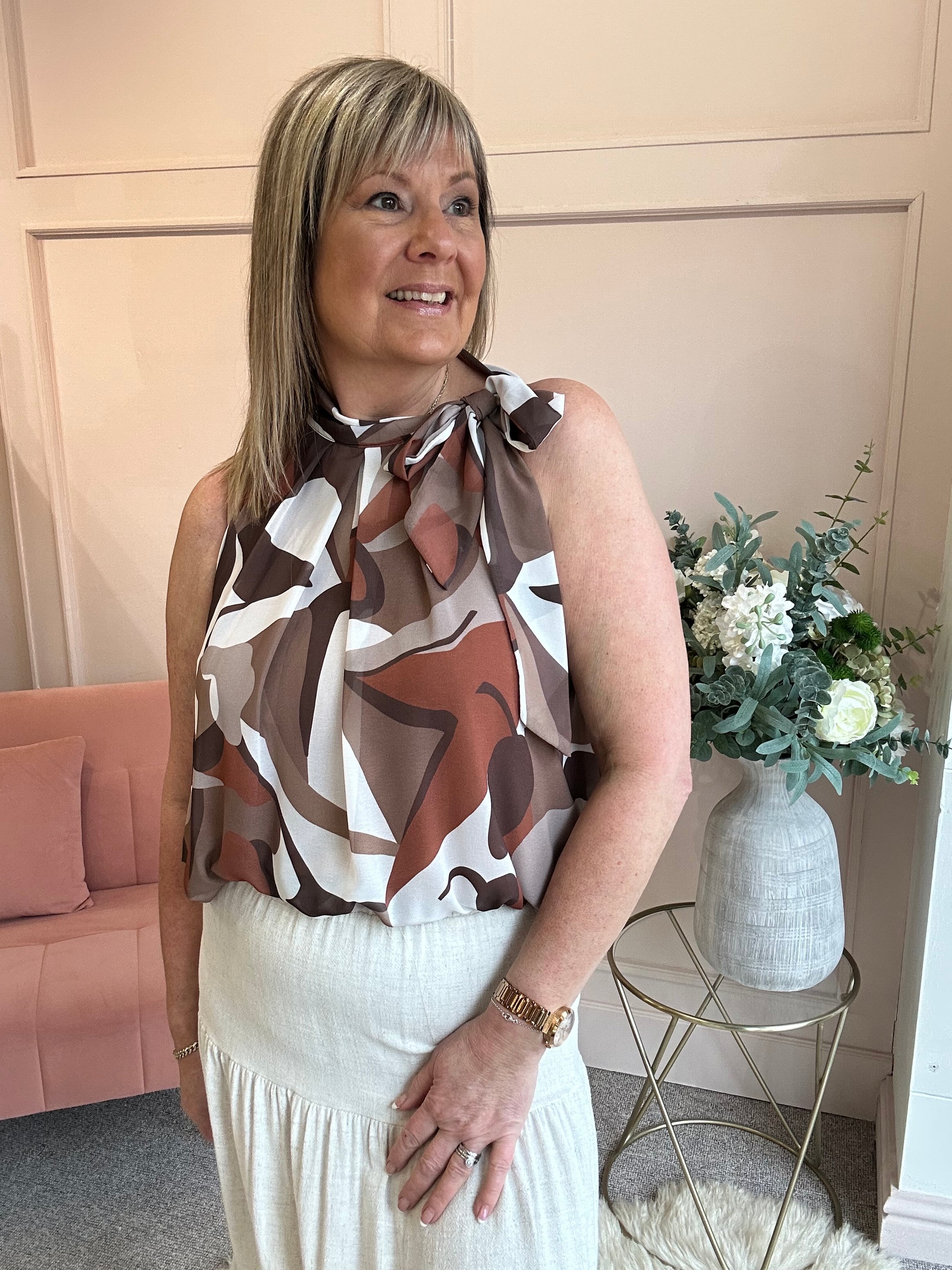 Leaf Print Bow Tie Sleeveless Top - Brown/White - Wardrobe By Simone