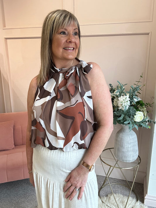 Leaf Print Bow Tie Sleeveless Top - Brown/White - Wardrobe By Simone