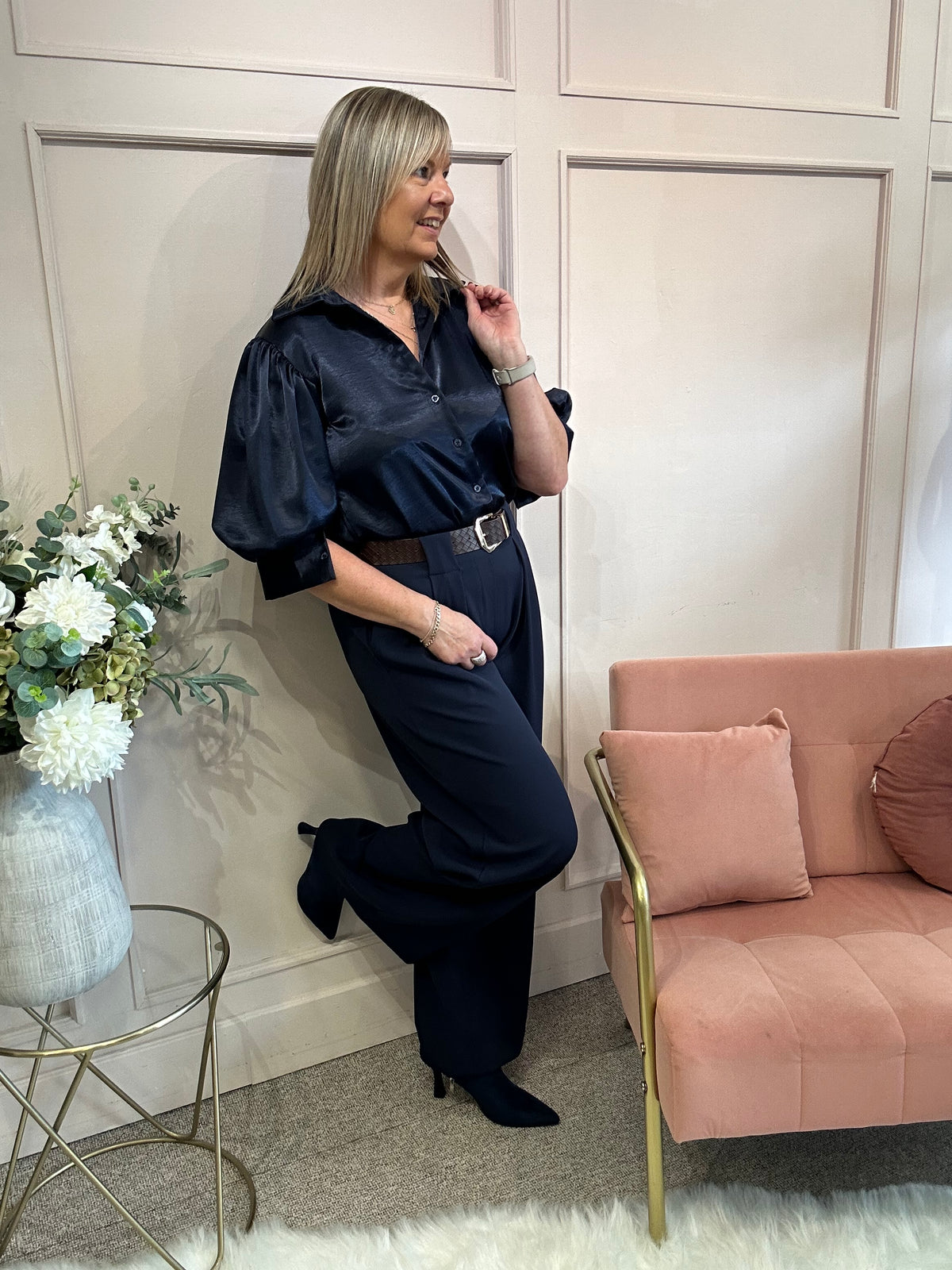Satin Puff Sleeve Shirt - Navy