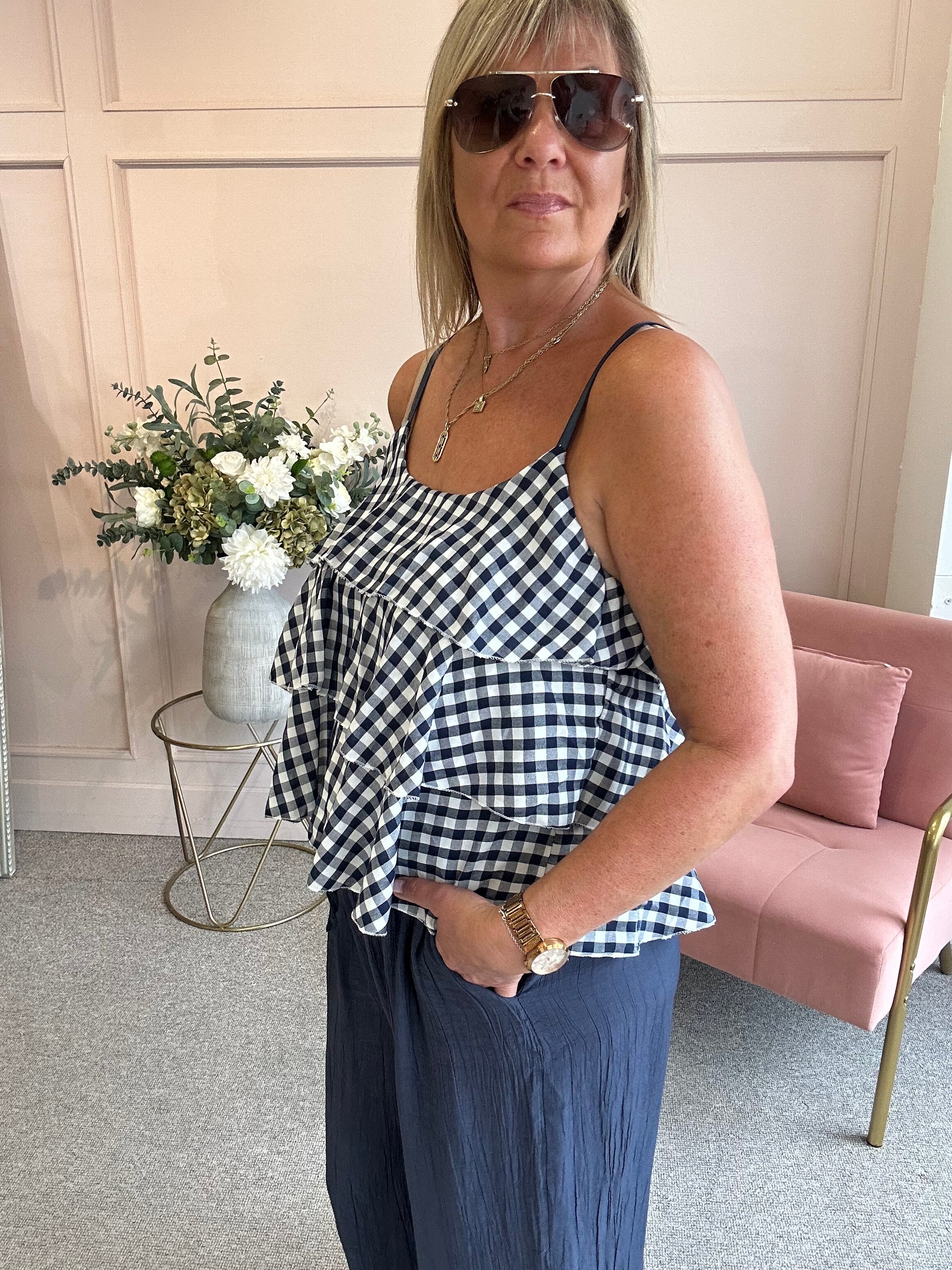 Ra-Ra Gingham Cami Top - Navy/White