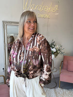 Orchid Print Satin Zip Bomber - Brown/Cream