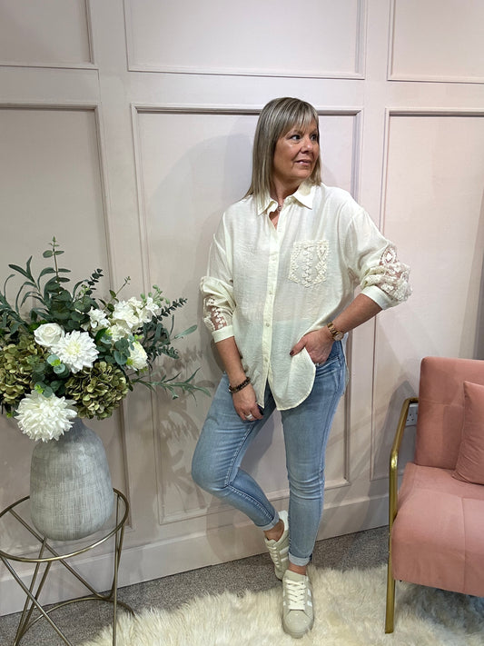 Lace Detail Shirt - Cream - Wardrobe By Simone
