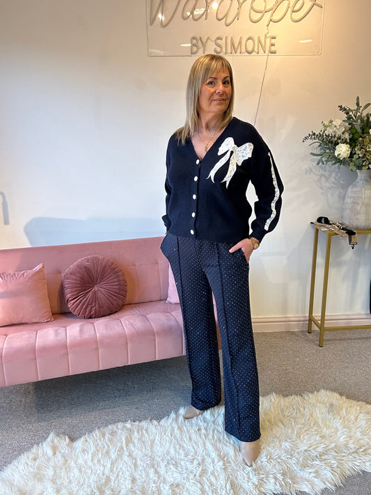 Lace Bow Detail Cardigan - Navy/White