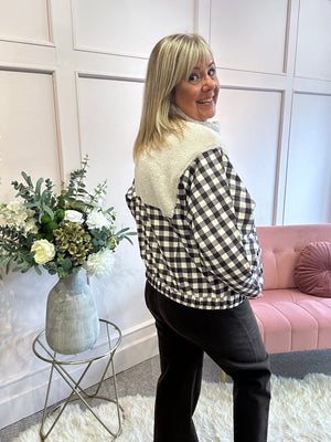 Cream Teddy With Gingham Bomber - Cream/Brown