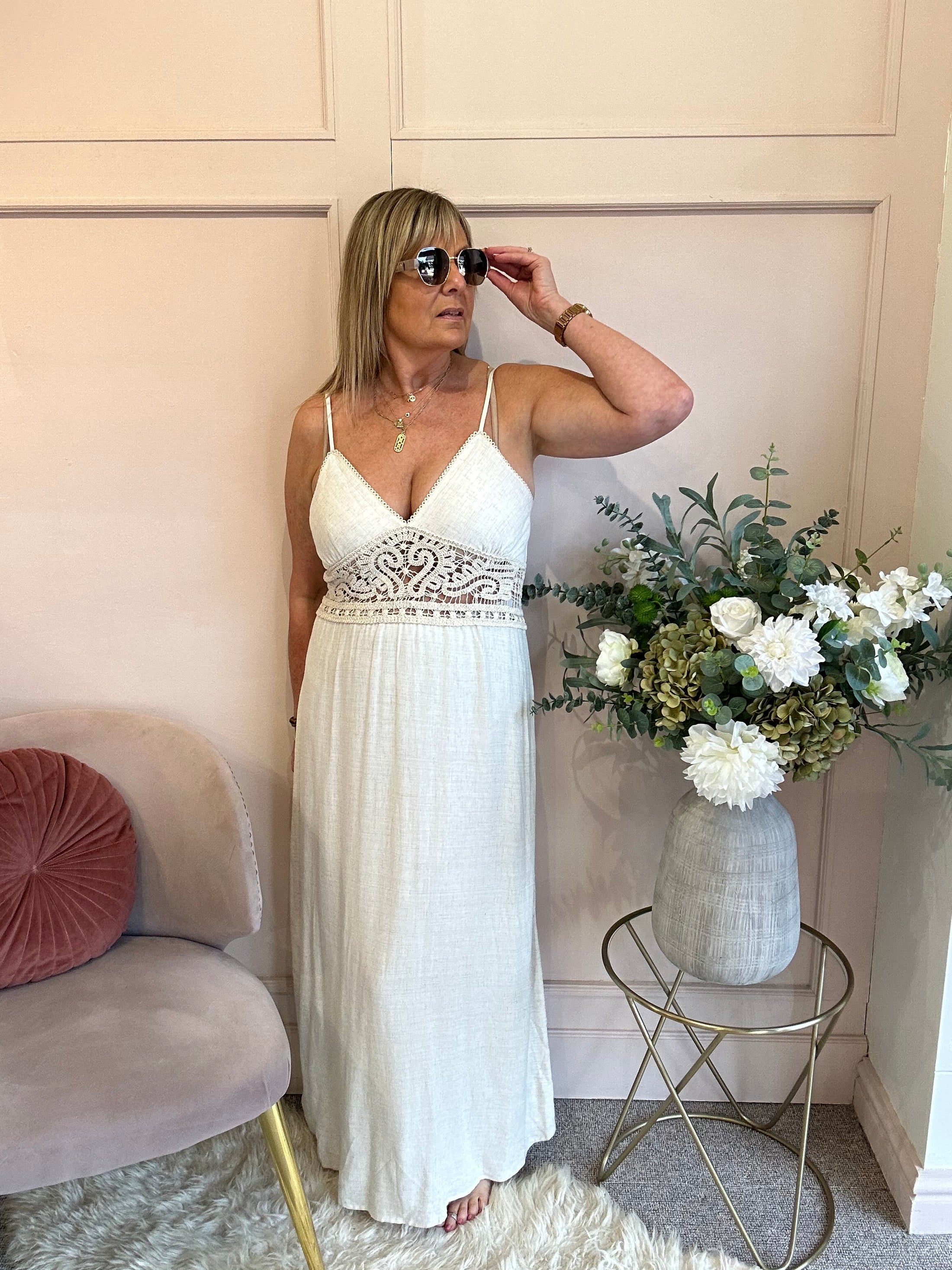 Boho Crochet Waist Maxi Dress - Soft Cream - Wardrobe By Simone