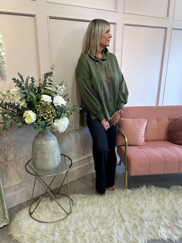Cosy Leopard Tie Hoody  - Khaki