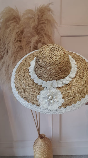 Beautiful Frill & Pearl Straw Sun Hat - Straw/Cream - Wardrobe By Simone