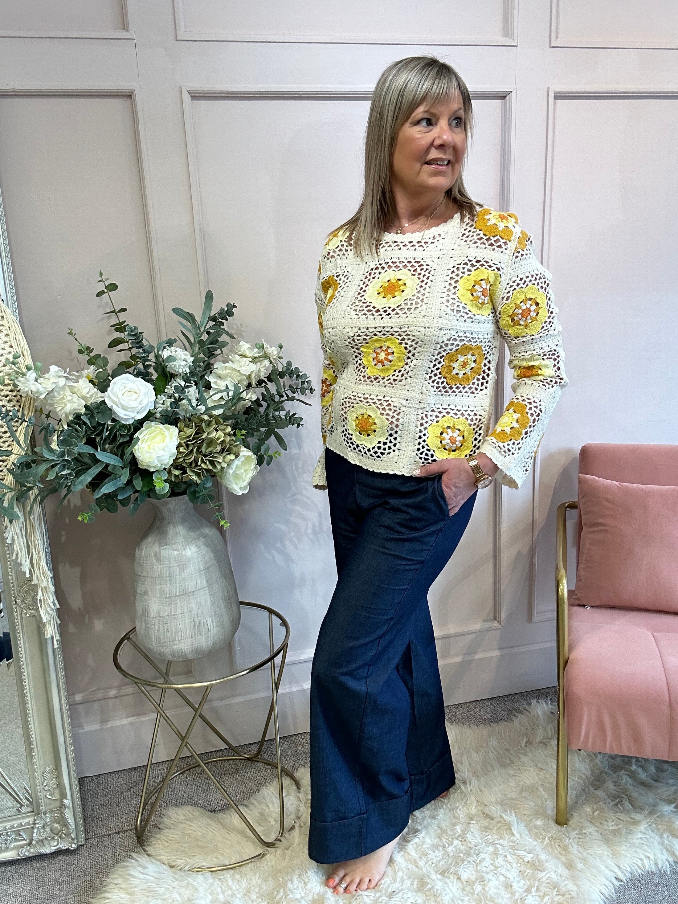 Crochet  Scallop Edge Jumper - Cream/Yellow - Wardrobe By Simone