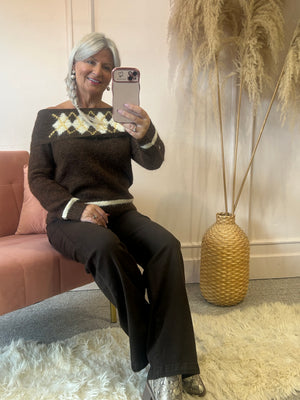 Off Shoulder Jumper - Brown/Mustard
