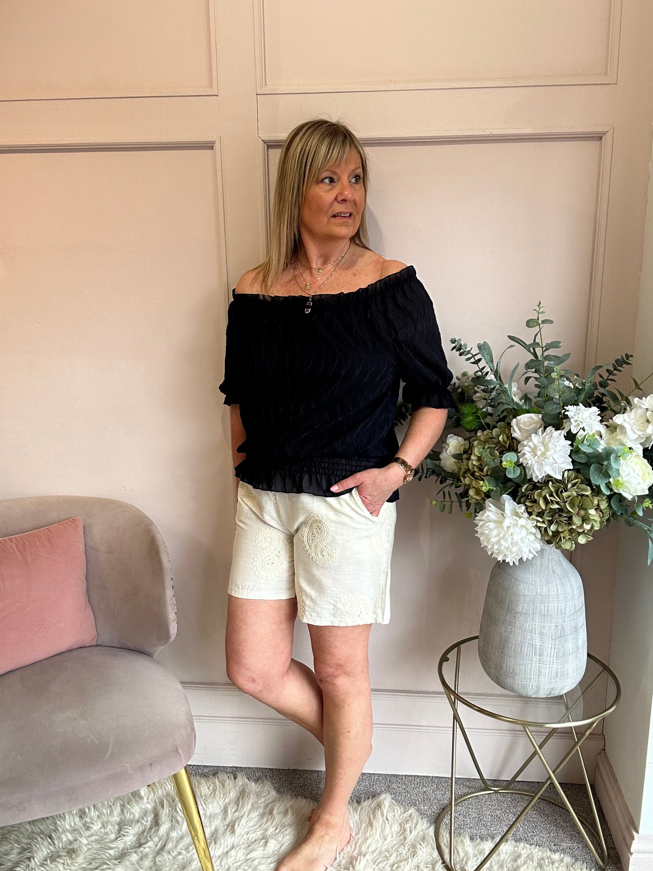 Off Shoulder Ruched Edge Top - Navy - Wardrobe By Simone