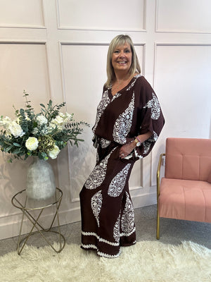 V Neck Top & Wide Pant Set - Brown/Cream