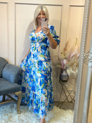 Floral Mix Lily Design Maxi Dress - Blue - Wardrobe By Simone