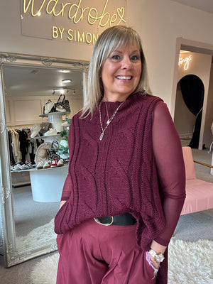 Cable Knit Sleeveless Jumper - Burgundy