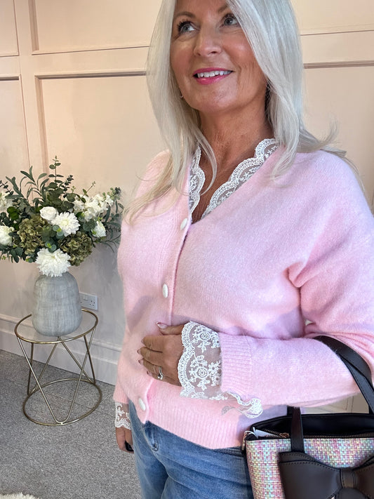 Lace Detail V Cardigan - Soft Pink