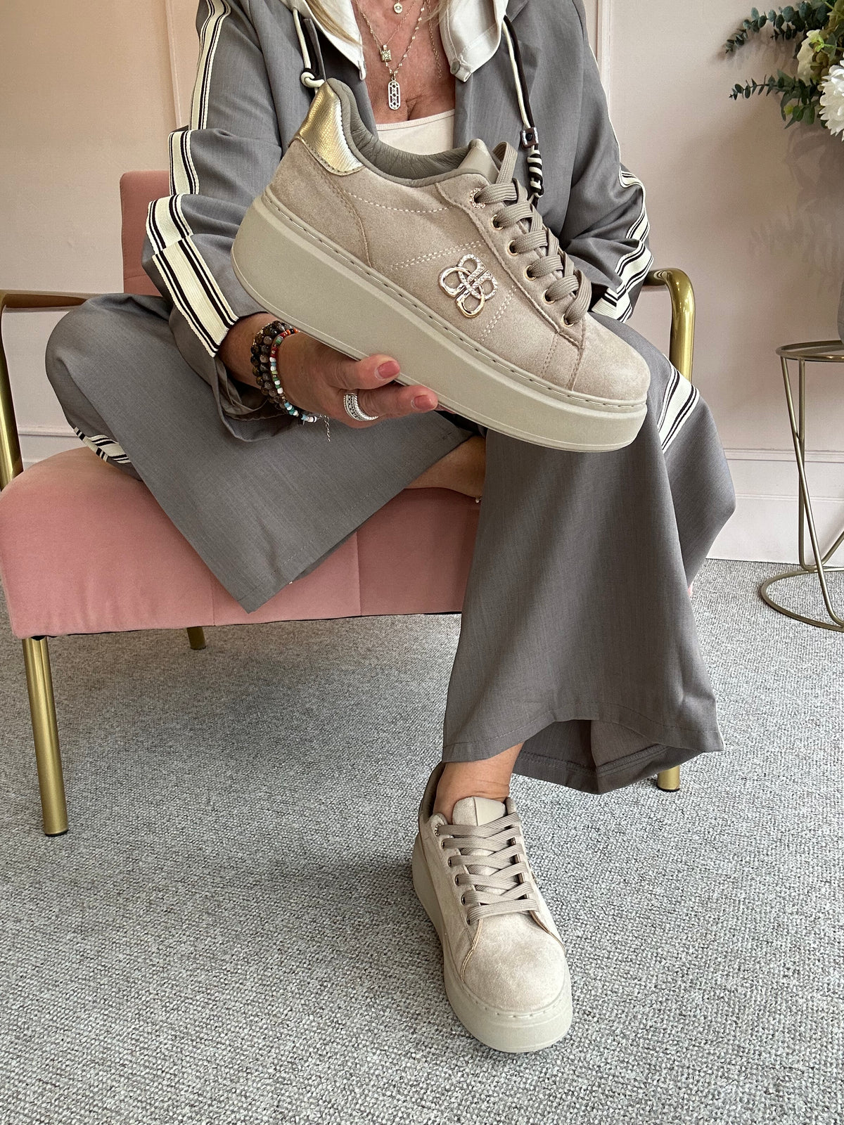 Gold Logo Embellished Trainer - Beige - Wardrobe By Simone