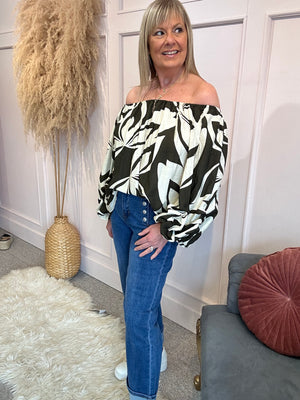 Bold Print Bardo Top - Khaki/Cream