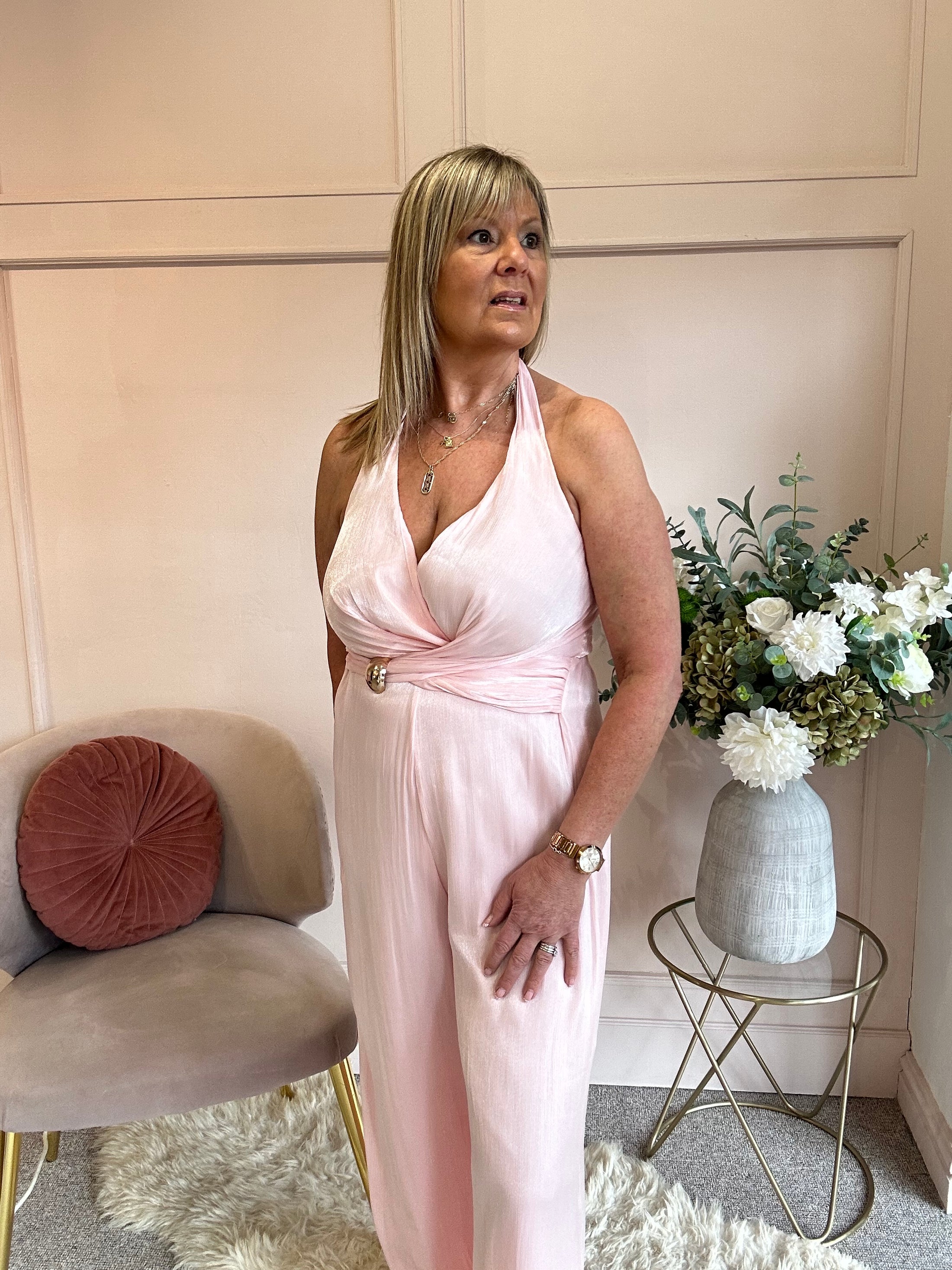 Halter Neck Soft Shimmer Jumpsuit - Soft Pink - Wardrobe By Simone