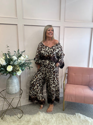 Leopard Top & Wide Pant Set - Brown/Cream