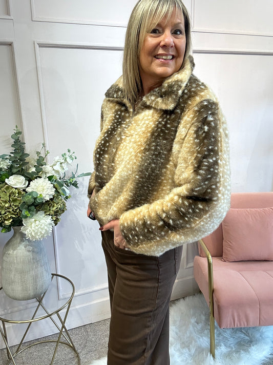 Trending Bambi Zip Jacket  -Soft  Brown/Cream - Wardrobe By Simone