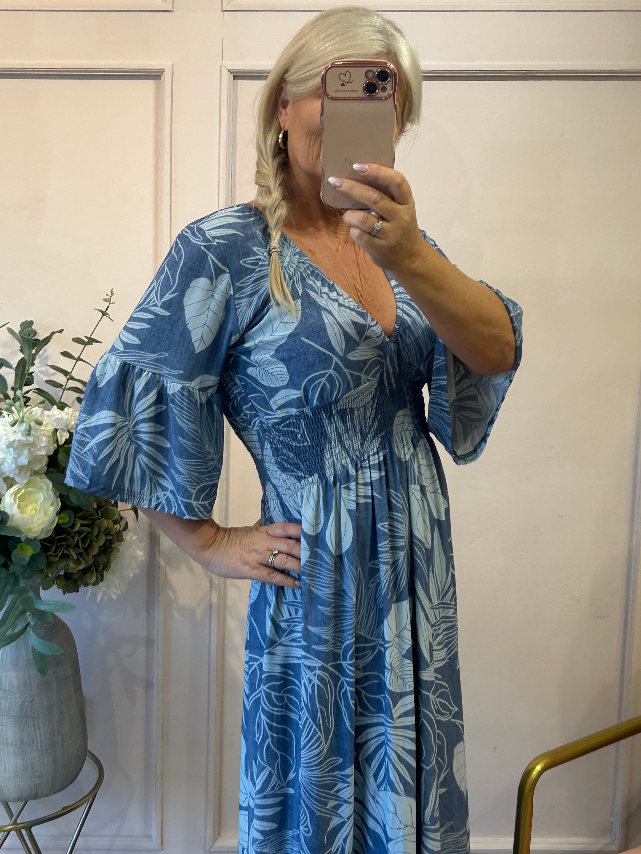 Tropical Leaf Maxi Dress  - Blues - Wardrobe By Simone
