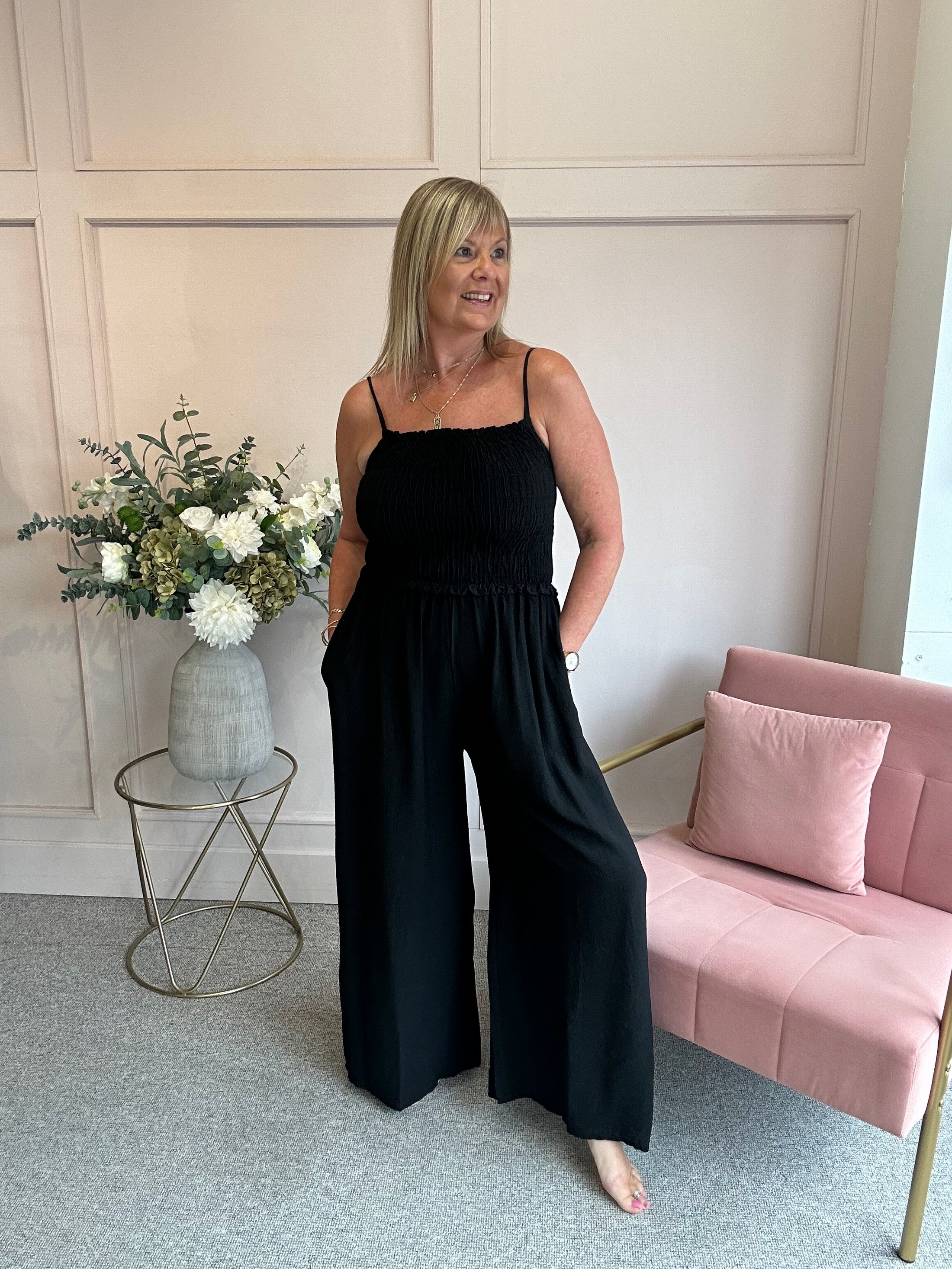 Elasticated Bodice & Wide Leg Jumpsuit - Black