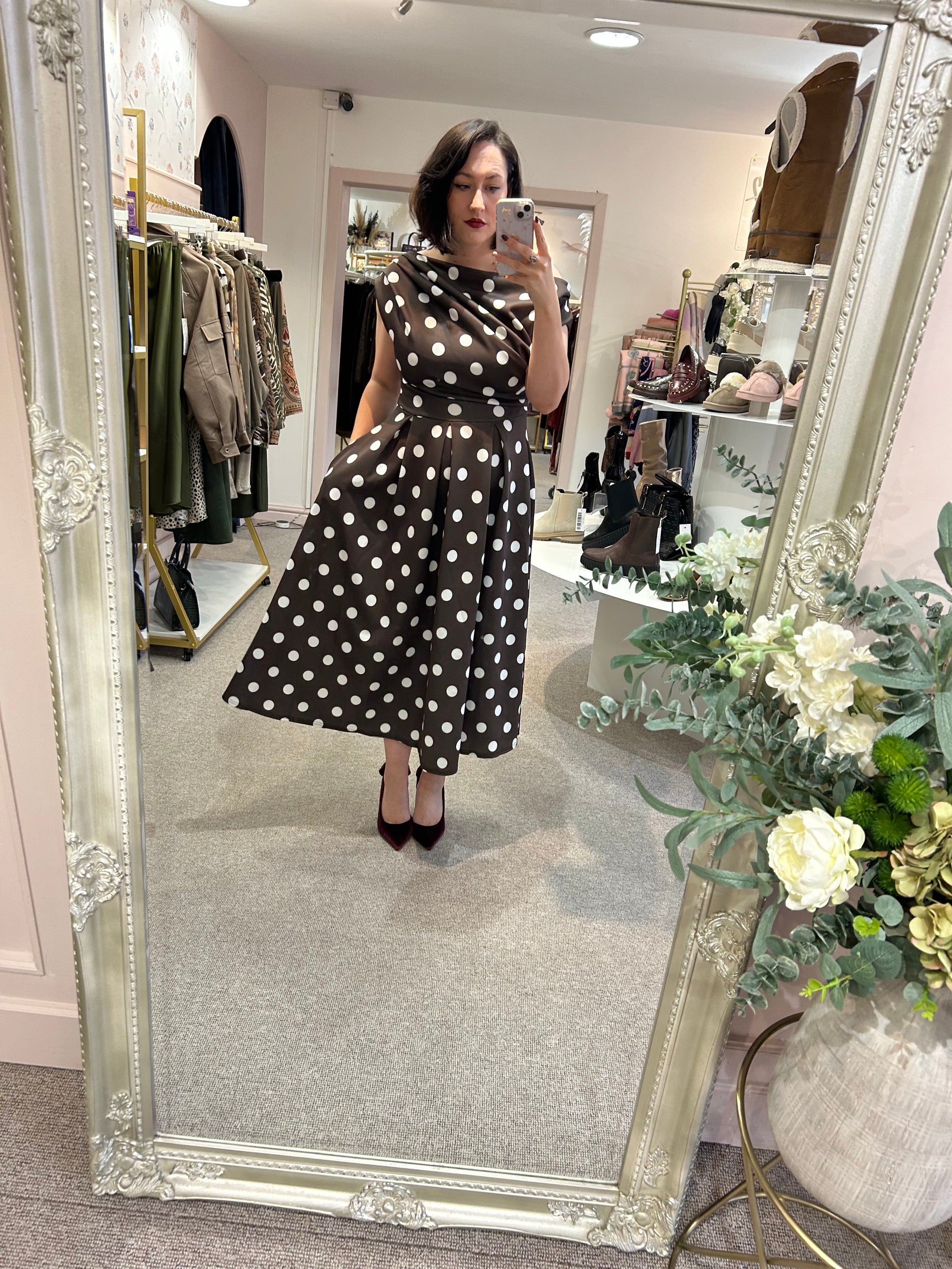 Polka Dot Asymmetric Neckline Skater Dress - Brown