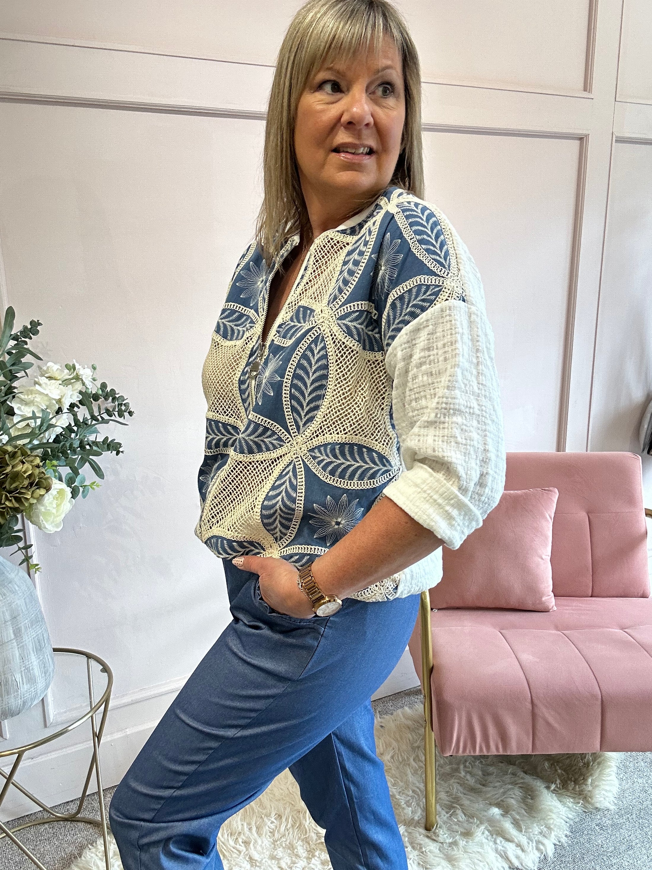 Textured Zipped Top - Cream/Blue - Wardrobe By Simone