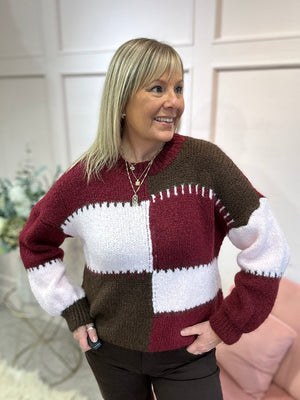 Bold Colour Block Pattern Jumper - Burgundy/pink/Brown