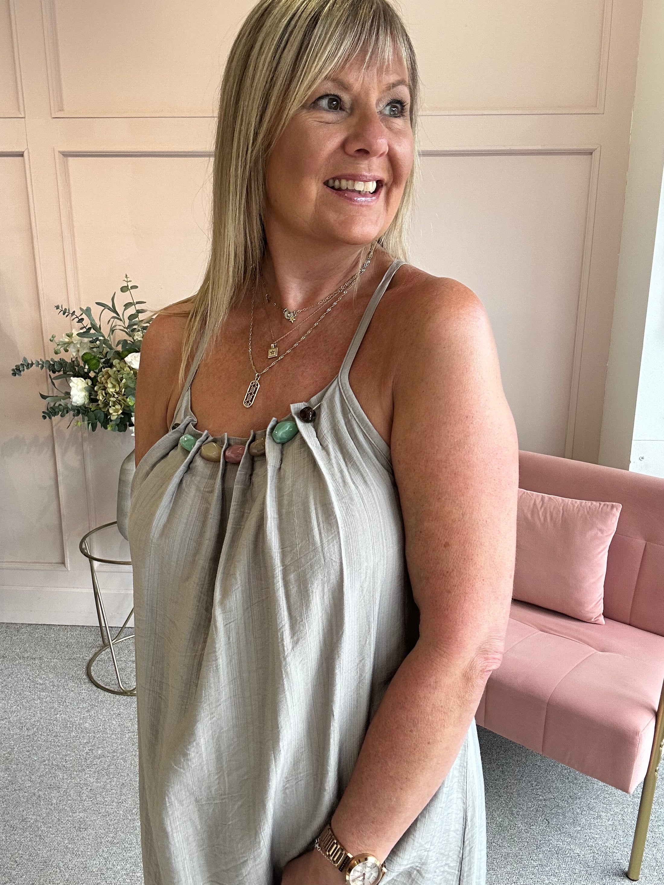 Beaded Strapy Sundress Dress - Taupe