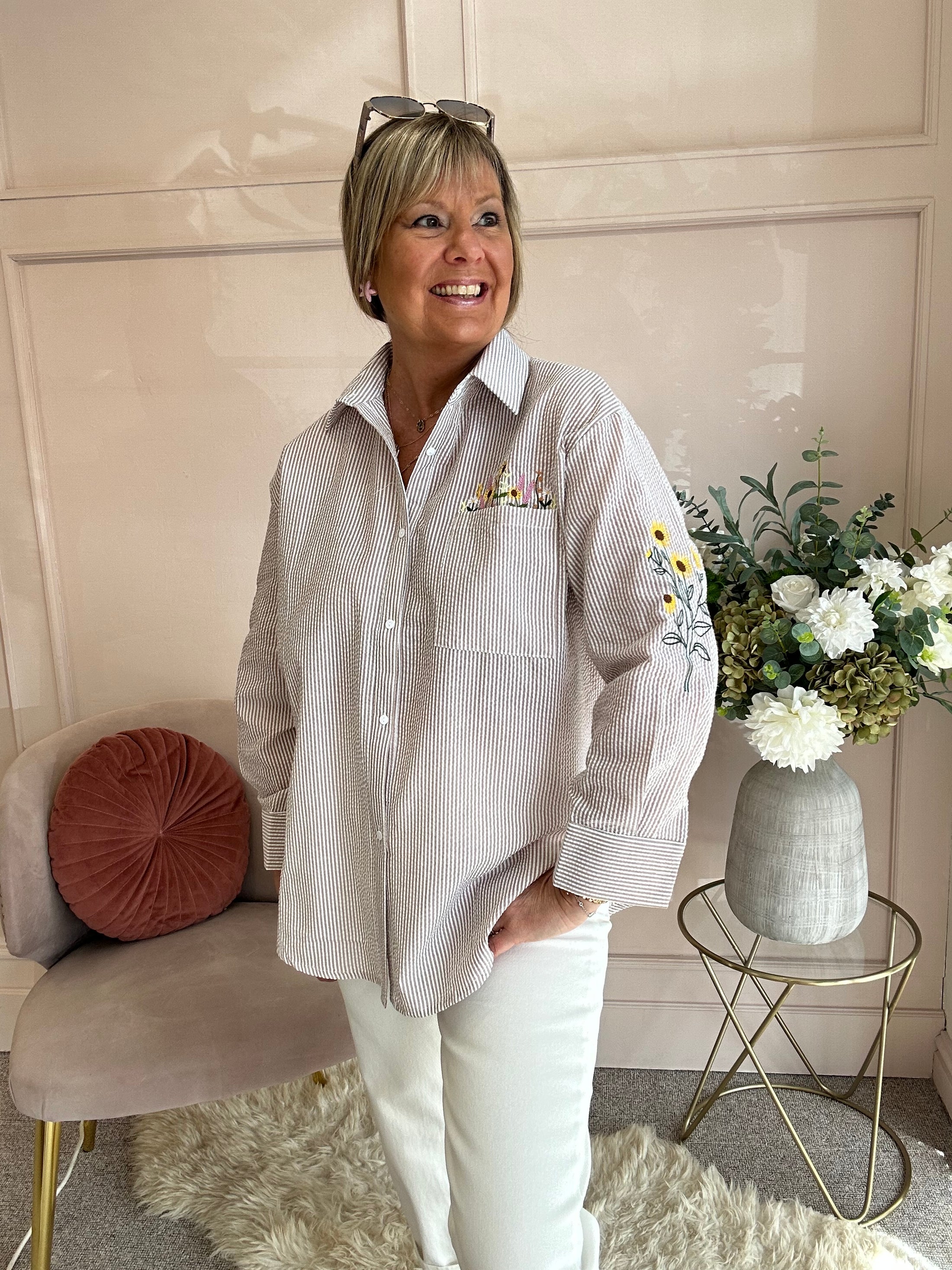 Sunflower Embroidered Detail Shirt  - Beige/White - Wardrobe By Simone