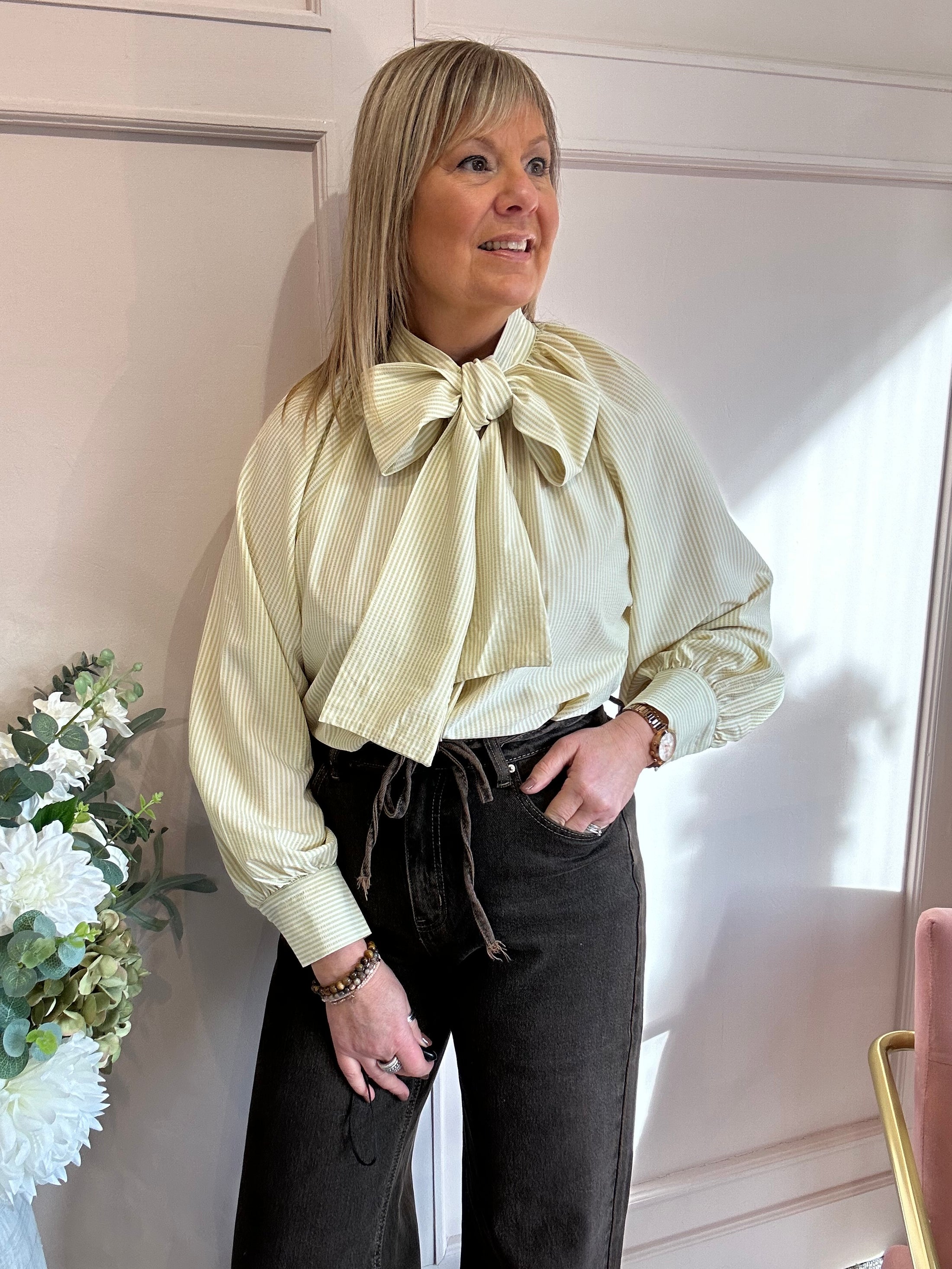 Striped Bow Blouse - pistachio Green/Cream - Wardrobe By Simone