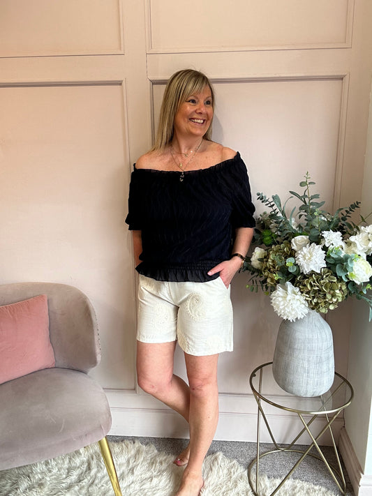 Off Shoulder Ruched Edge Top - Navy - Wardrobe By Simone