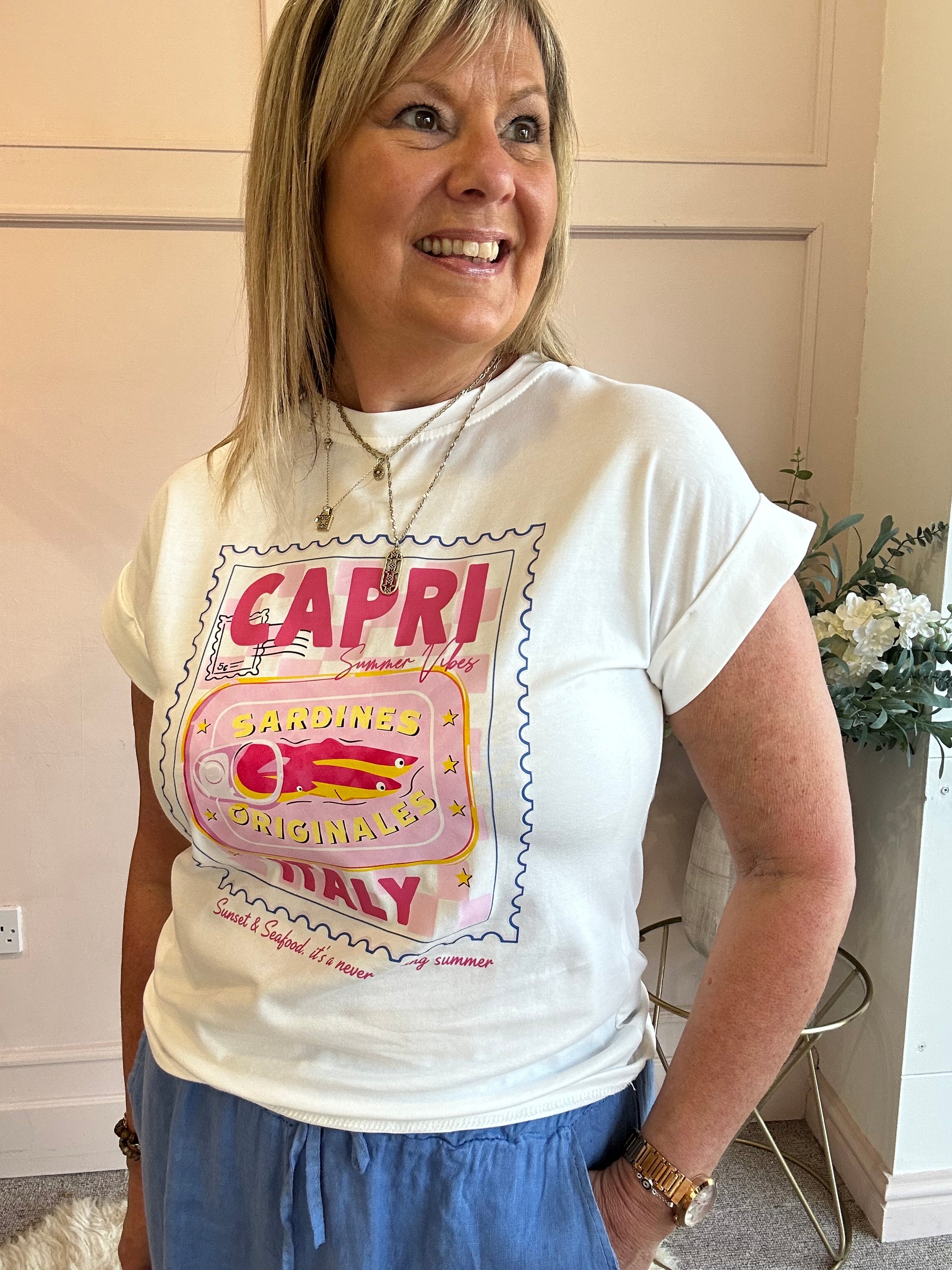 Sardines & Capri T Shirt  - White