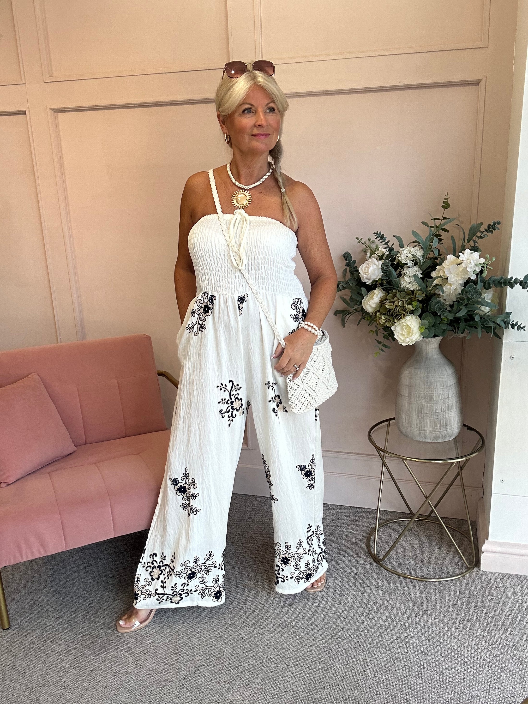 Floral Embroidered Detailed Jumpsuit - Cream/Black - Wardrobe By Simone