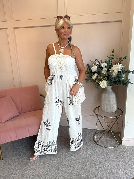 Floral Embroidered Detailed Jumpsuit - Cream/Black - Wardrobe By Simone