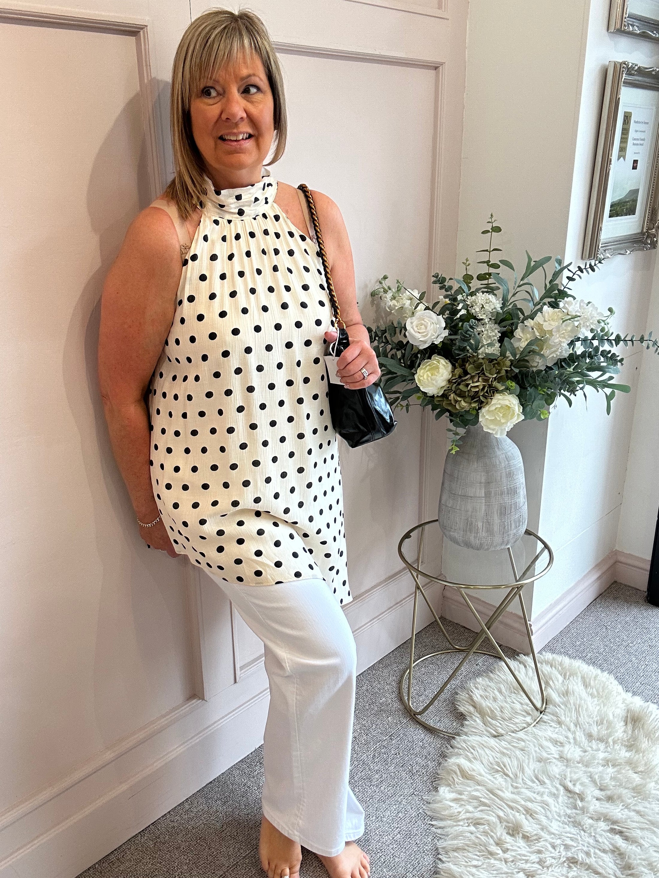 Polka Dot Halter Neck Top - Cream/Black - Wardrobe By Simone