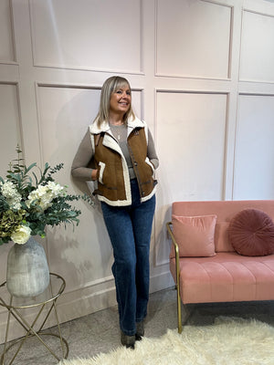 Faux Sheep Skin Gilet - Brown