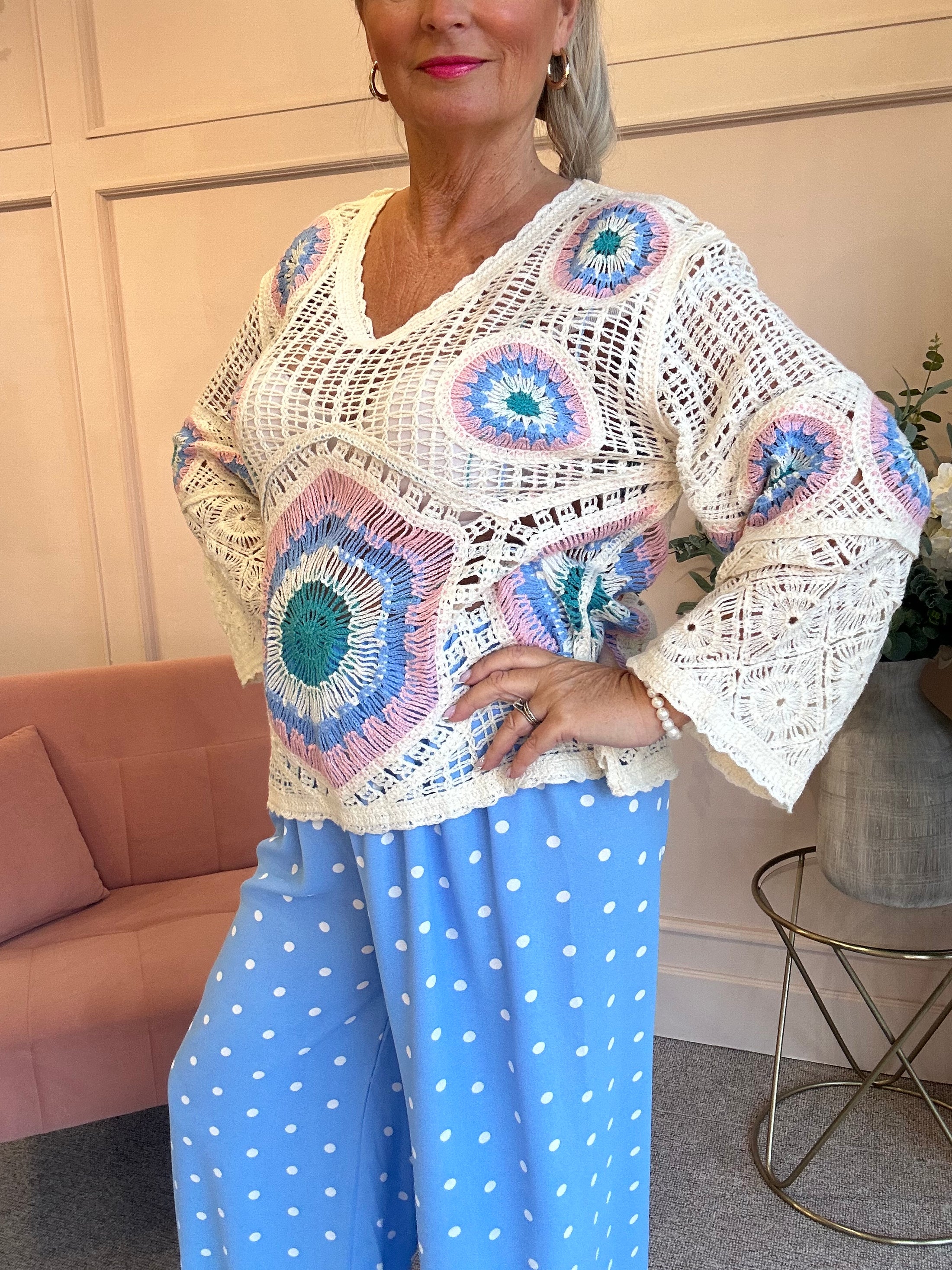 Crochet V Neckline Jumper - Cream/Pink/Blue - Wardrobe By Simone