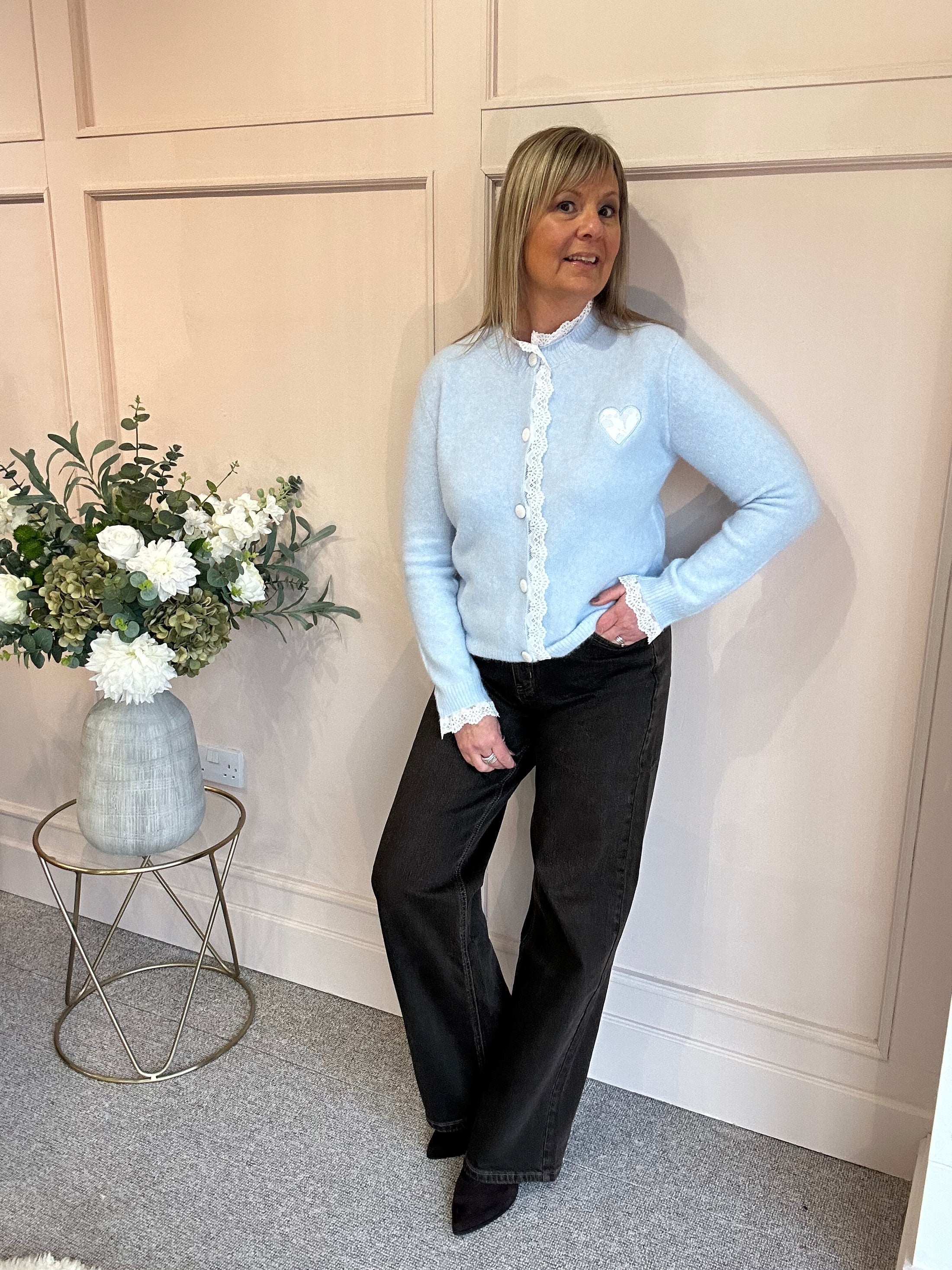 Lace Detail & Heart Cardigan - Soft Blue