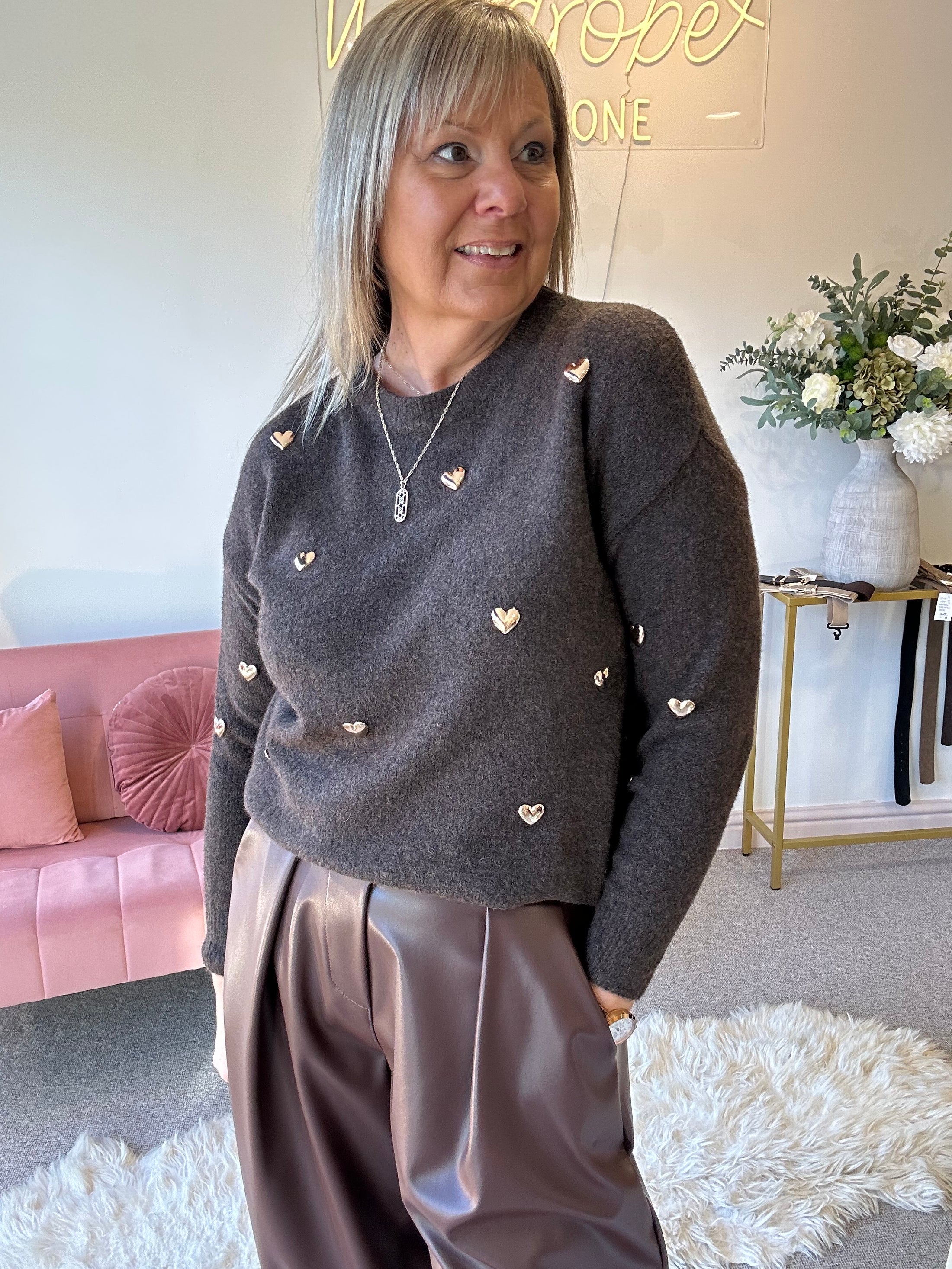 Gold Gem Hearts Jumper - Brown