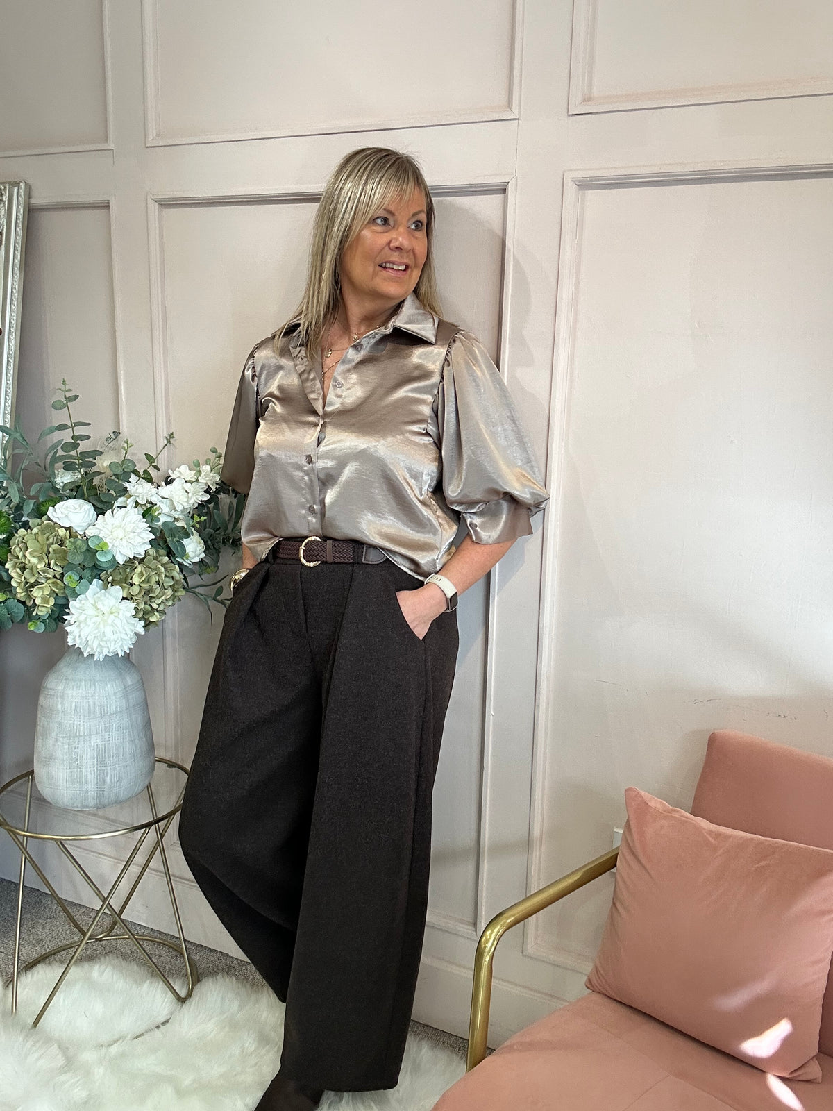 Satin Puff Sleeve Shirt - Champage